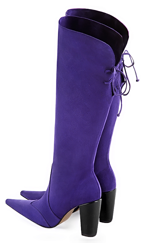 Violet purple women's knee-high boots, with laces at the back. Pointed toe. High block heels. Made to measure. Rear view - Florence KOOIJMAN